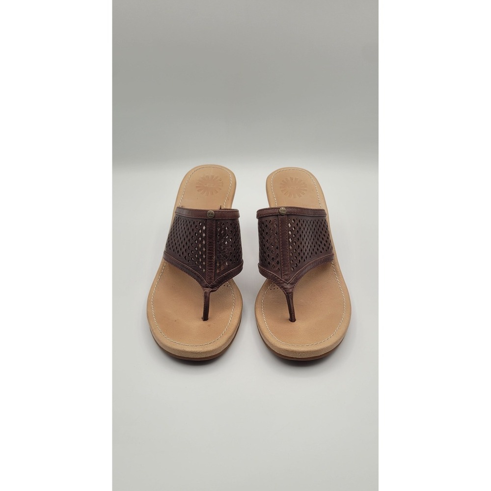 UGG Solena Women's Wedge Sandals 7.5 Brown Leather Perforated Comfort Thong - Picture 2 of 11